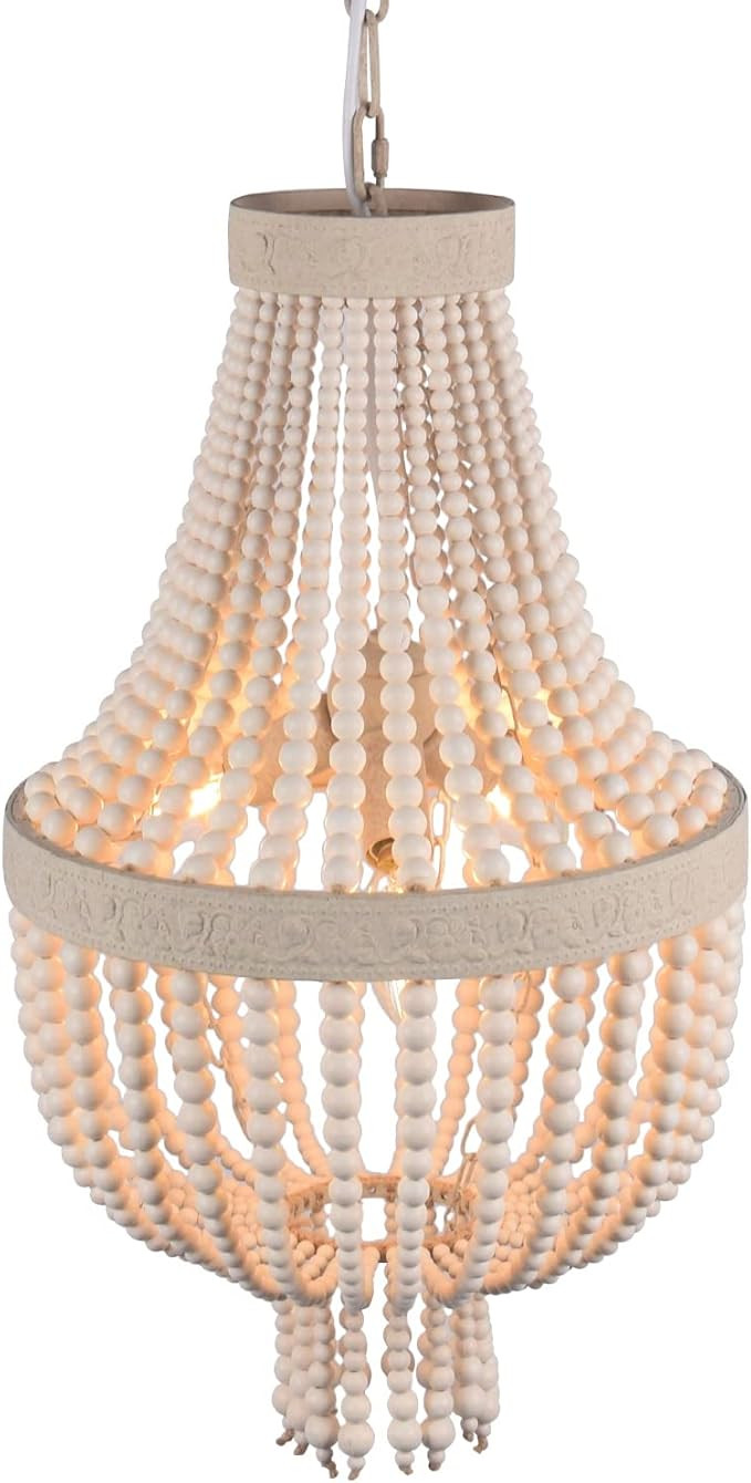 RyaHQ Farmhouse Wood Bead Chandelier 3-Light Boho Light Fixtures Oak White Pendant Ceiling Light ... | Amazon (US)