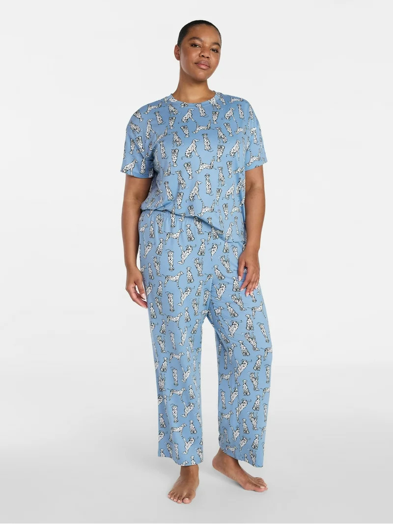 Joyspun Women's Dreamy Soft Collection Short Sleeve Sleep Top and Open Leg Pants Pajama Set, 2-Pi... | Walmart (US)