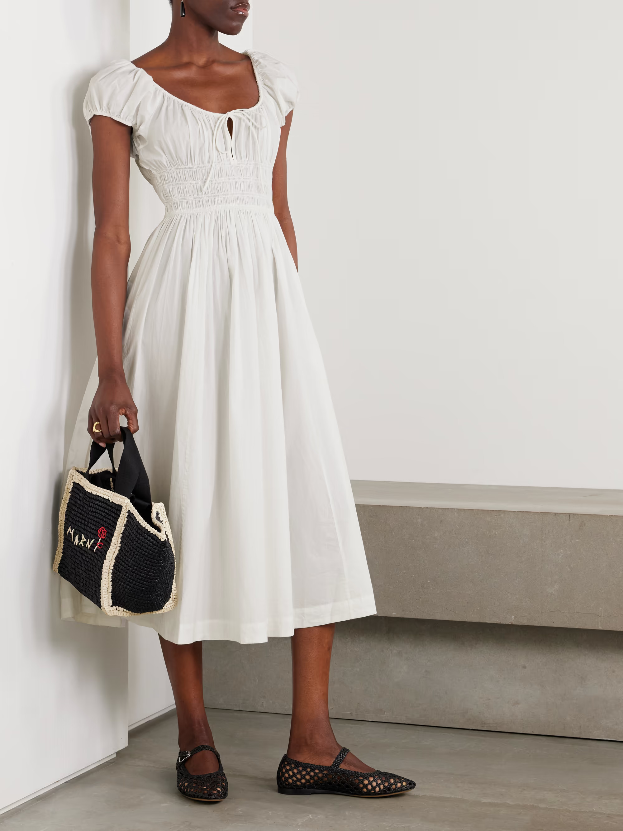 Quinn tie-detailed shirred organic cotton-poplin midi dress | NET-A-PORTER (US)