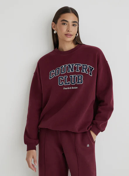 Burgundy Country Club Slogan Oversized Sweatshirt- Charli | 4th & Reckless
