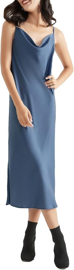 SUPESU Women's Adjustable Sleeveless Spaghetti Strap Silky Satin Midi Slip Dress | Amazon (US)