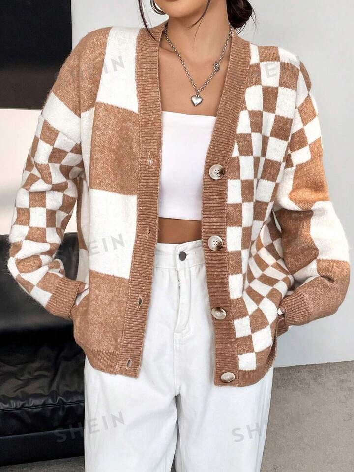 SHEIN Essnce Checker Pattern Drop Shoulder Cardigan | SHEIN