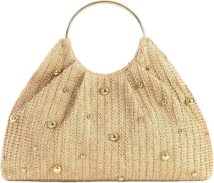 Straw Woven Tote Bag for Women Summer Beach Handbag Stud Decor Evening Clutch Stylish Holiday Par... | Amazon (US)