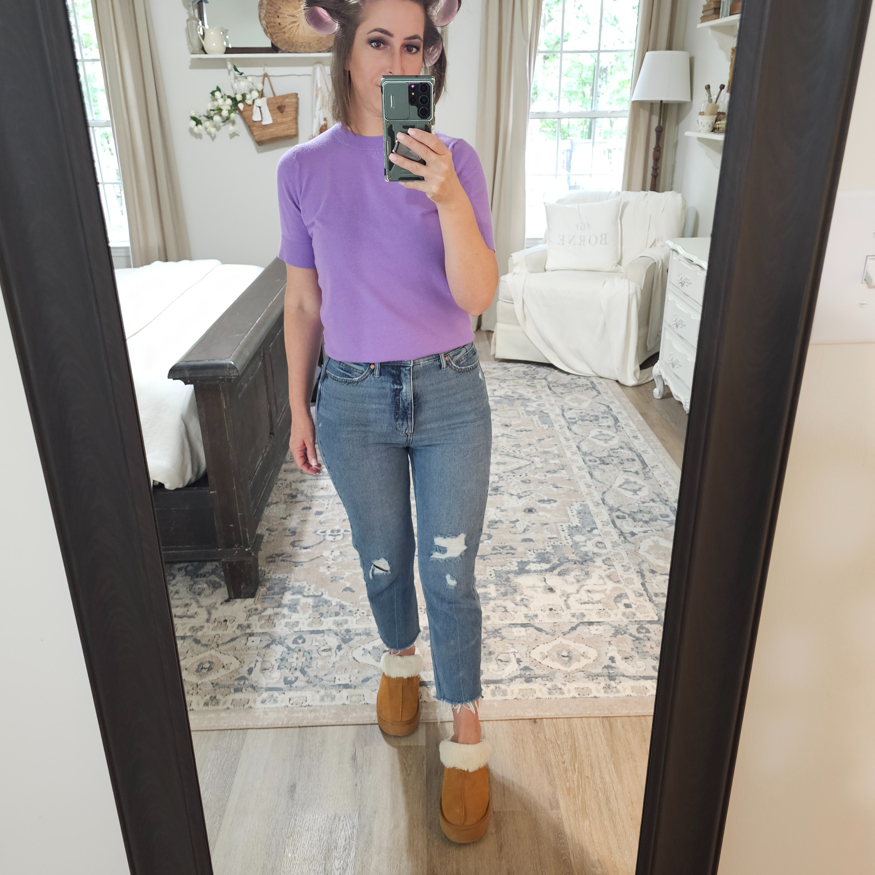 Anyone else use these velcro rollers in there hair? I love them. After wearing that purple dress on whatnot 🤣 I felt like I needed some purple in my wardrobe. Love the Free Assembly brand from Walmart and got this top in a few color. Y'all,  Y'ALL I'm going to tell you a secret that I have only told a few people.  The Sofia Vergara jeans are THE BEST but you have to be quick because they sell out fast. Everytime I walk in Walmart, I look to see if a new style came out. I have 5 pairs in different styles and always get compliments when I wear them. Slippers are a dupe but I actually ordered the real ones and didn't find them comfortable,  I think these are much more comfortable and under $20Anyone else pretty much only clothes shop where they buy groceries 🤣✋️

#LTKFindsUnder50 #LTKStyleTip