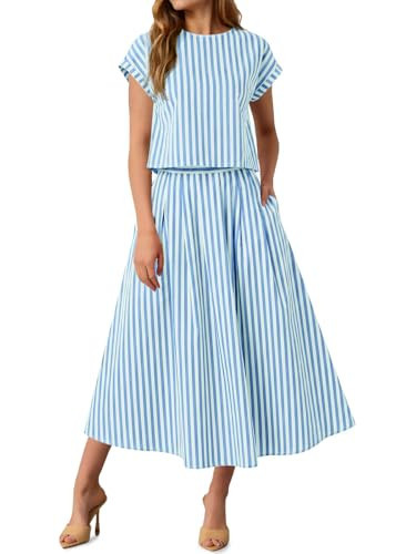 Tankaneo Womens Striped 2 Piece Skirt Sets Summer Cap Sleeve Tops Midi Dress with Pockets Travel Vacation Outfits Matching Sets | Amazon (US)