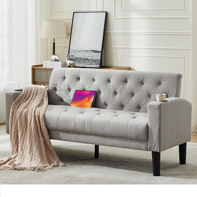 TYBOATLE 62" W Loveseat Sofa w/ 2 USB Charger Ports and 2 Cupholders, Mid-Century Modern Tufted L... | Amazon (US)
