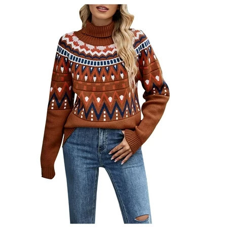 VEKDONE Knit Sweaters for Women Clearance Sale Long Sleeve Vintage Print Tunics Tops Fall Winter Warm Turtleneck Pullover Blouse Loose Fit Outdoor Streetwear Sweater | Walmart (US)