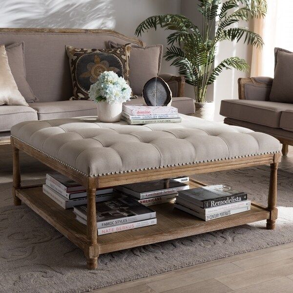 Baxton Studio French Country Beige Linen Square Ottoman | Bed Bath & Beyond