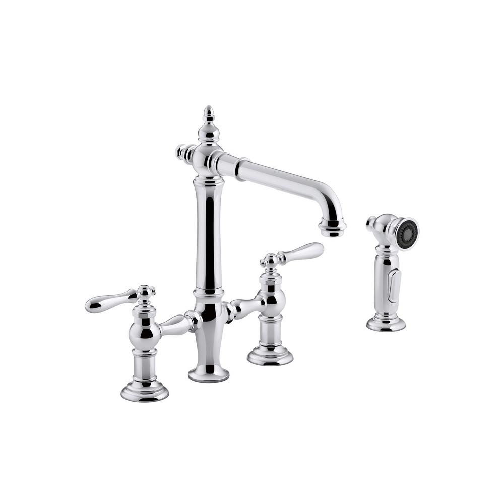KOHLER Artifacts 2-Handle Bridge Kitchen Faucet with Lever Handles and Side Spray in Polished Chr... | The Home Depot
