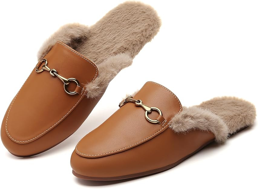 Minorsu Buckle Fur Mules for Women Slip on Loafers Closed Round Toe Backless Flat Mules Comfortab... | Amazon (US)