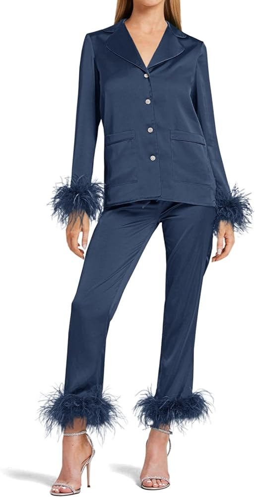 Women's Silk Satin Pajama Set Feather Trim Bridal Long Sleeve Pocketed Lounge Sets Sleepwear (Rem... | Amazon (US)