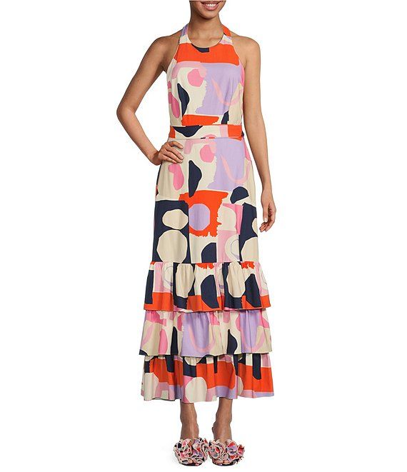 x Venita Aspen Andrea Abstract Print Sateen Halter Neck A-line Maxi Dress | Dillard's