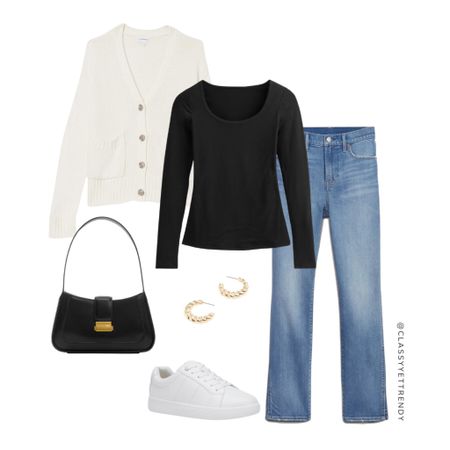 French Minimalist Style on a Budget

Amazon Ivory cardigan 
Black tee
Blue jeans
White casual sneakers 