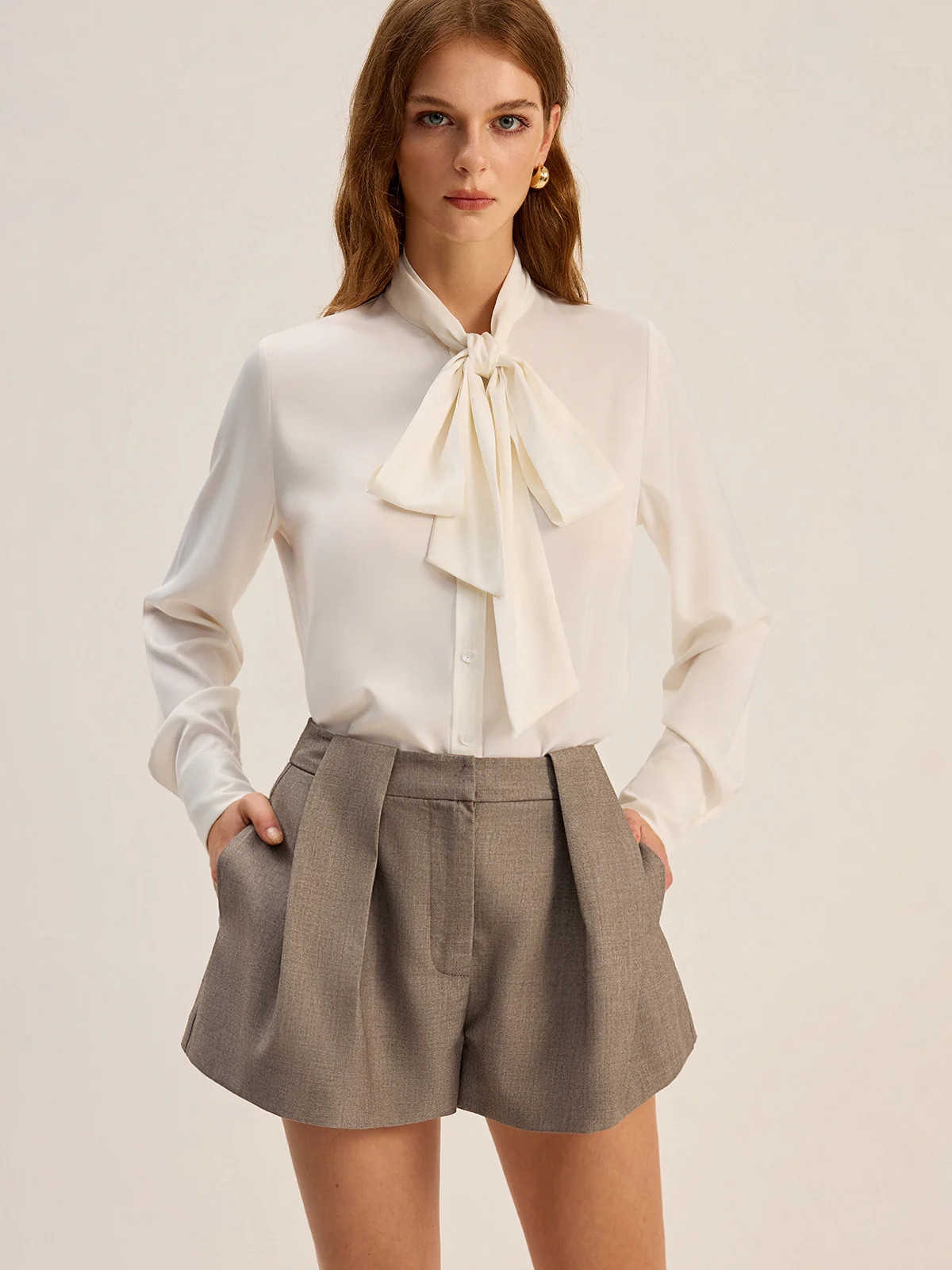 Satin Bow-Tie Neck Long-Sleeve Shirt | Commense