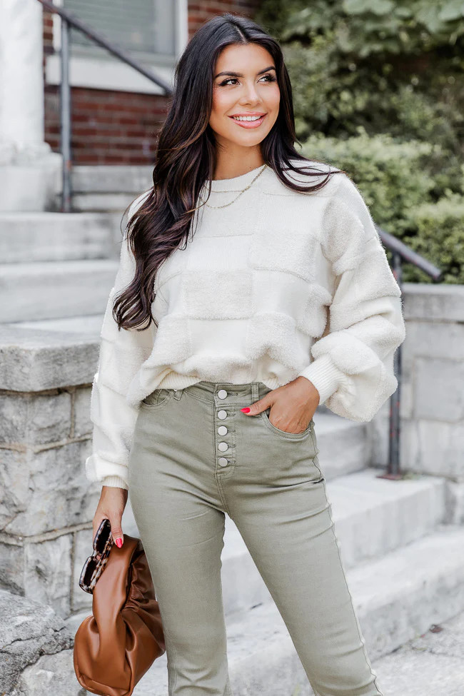 Meet In The Middle Cream Fuzzy Checkered Sweater | Pink Lily