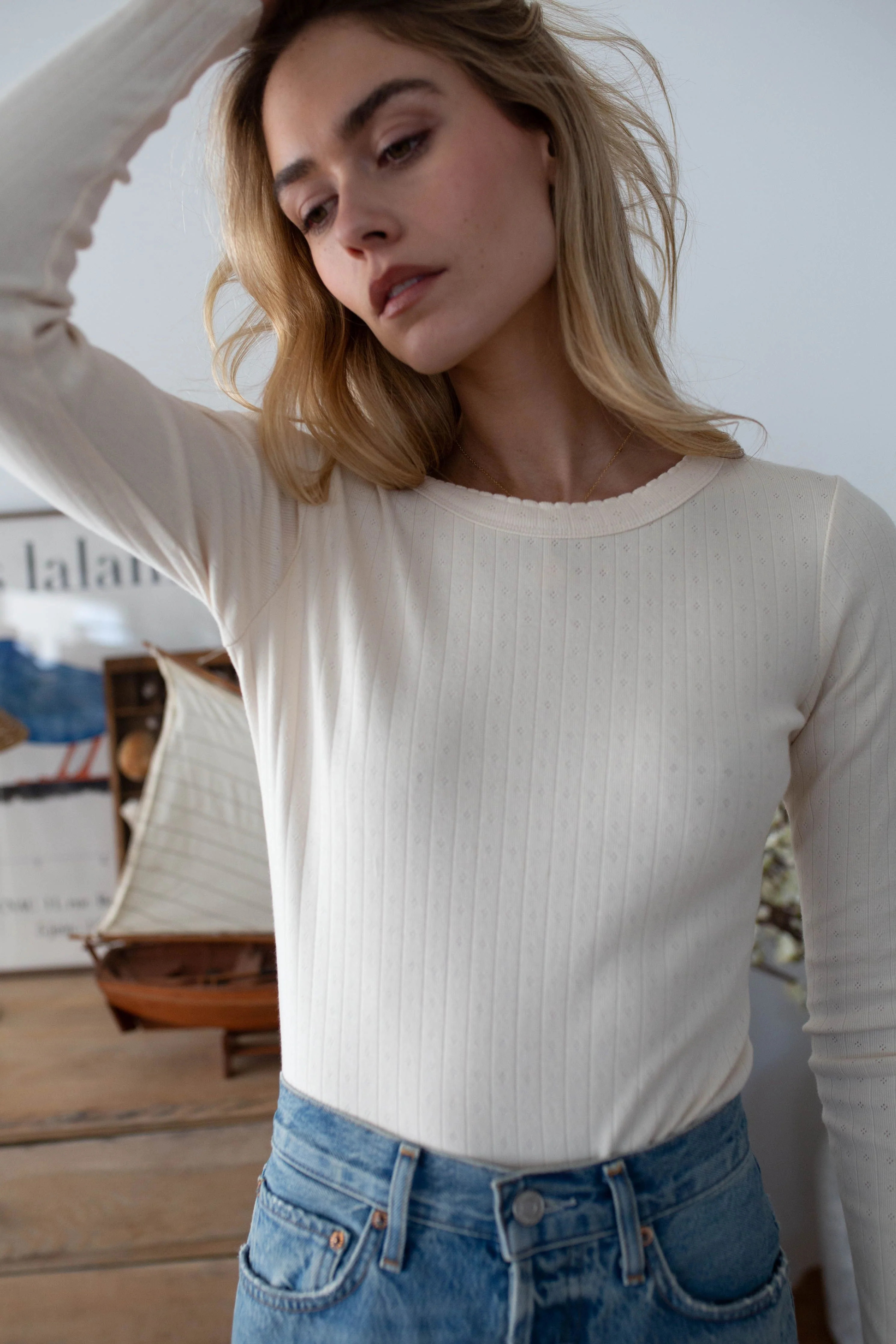 Pointelle Long Sleeve Crewneck - Ivory | Marea
