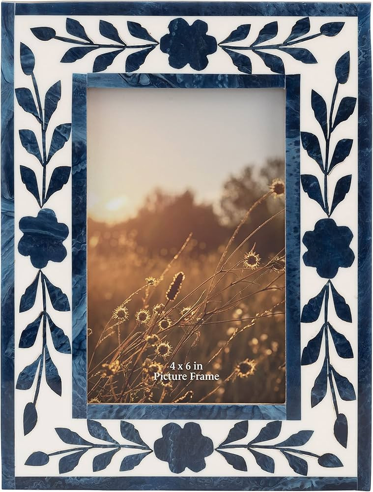 4" x 6" Picture Frame - Blue and White Floral Petals Polyresin Portrait Holder - Decorative Glass... | Amazon (US)