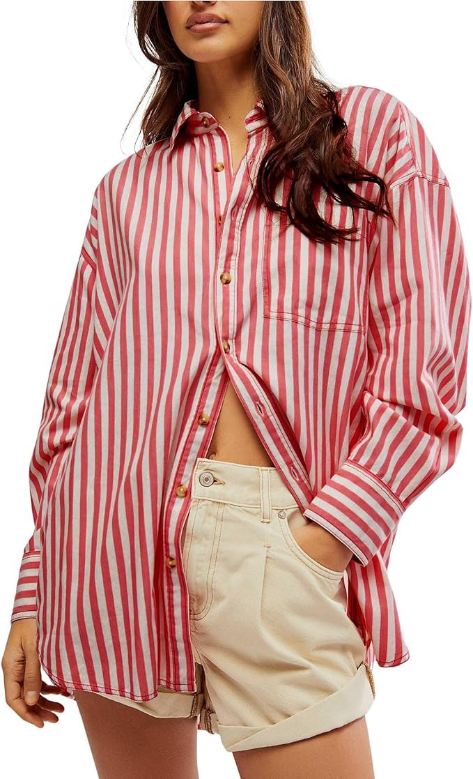 Women Striped Blouse Shirt Long Sleeve Button Down Shirts Casual Oversized Collared Shirt Tops | Amazon (US)