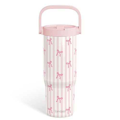 SANDJEST Bow Stainless Steel Straw Lid Tumbler 30oz with Carry Handle for Women Girls, Aesthetic Insulated Travel Coffee Cup, Gift for Sports Workout Christmas Birthday | Amazon (US)