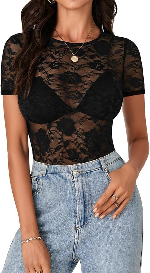 LYANER Women's Lace Top Short Sleeve Crewneck Fitted Mesh Sheer T-Shirt | Amazon (US)