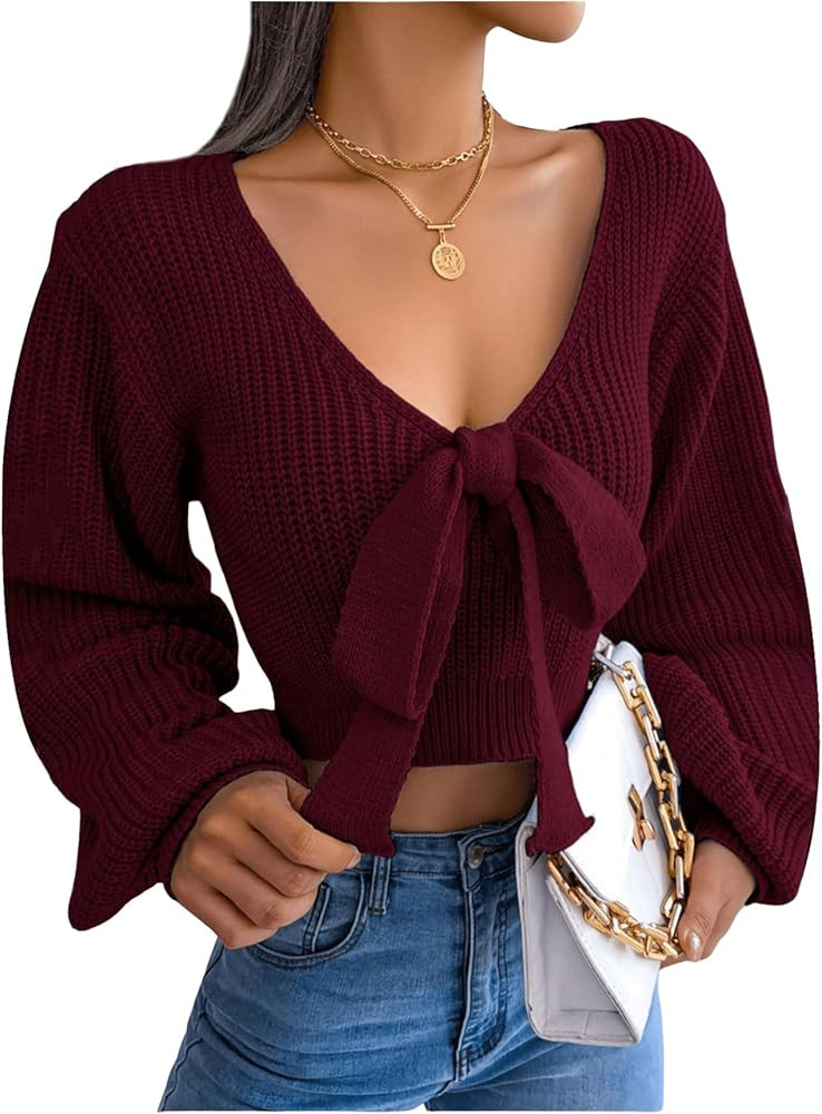 WDIRARA Women's Bow Tie V Neck Crop Sweater Long Sleeve Knit Pullover Tops Knitwear | Amazon (US)