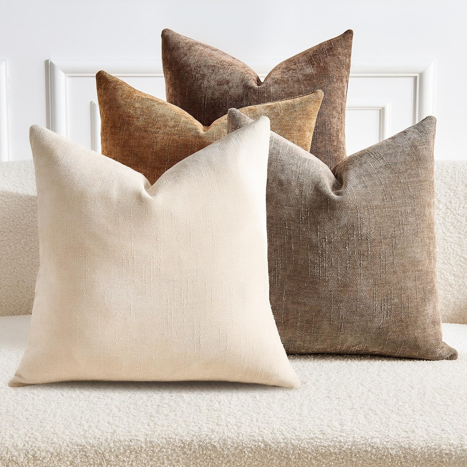 Pack of 4 Throw Pillow Covers 20x20 Inch Chenille Textured Neutral Brown Soft Pillow Covers Solid... | Amazon (US)