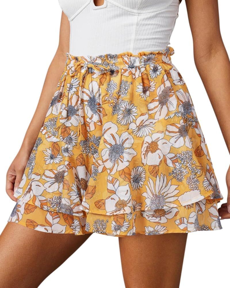 Flowy Shorts for Women Casual Boho Floral Skorts Ruffle Mini Skirts Running Tennis Butterfly Shor... | Amazon (US)