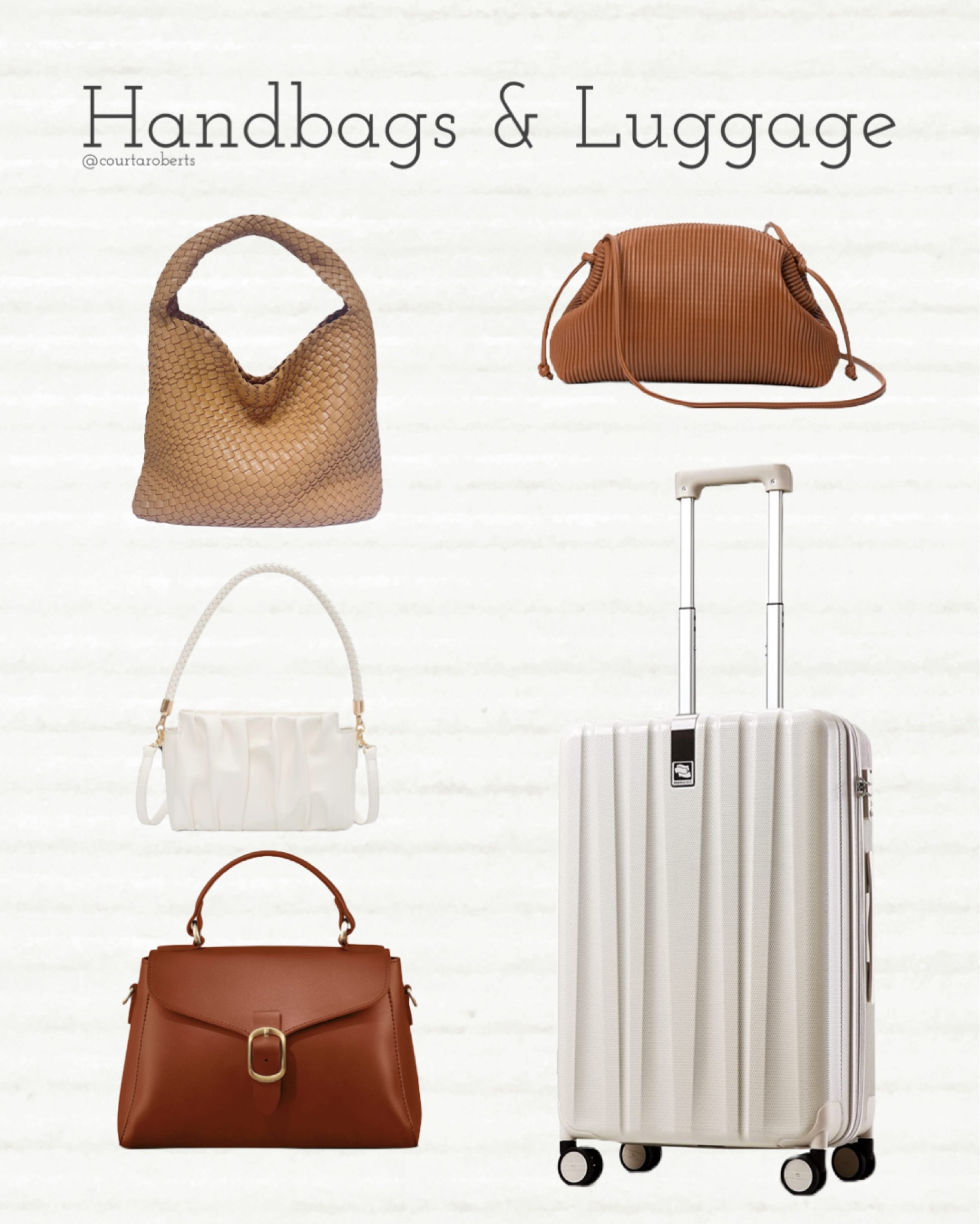 Hang bags and luggage 

Neutral Hardside Luggage White Tan Beige Brown Clutch Purse Crossbody Bag Buckle Textured Woven Leather Trending Amazon Casual Bride Beach Wear Mom 

#LTKitbag #LTKtravel #LTKunder100