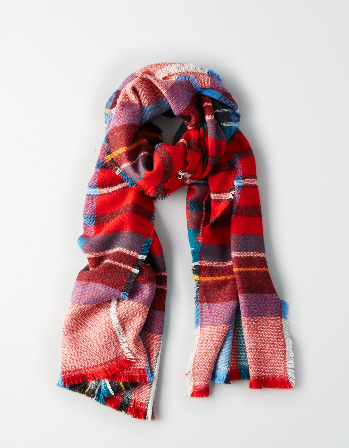 AEO Colorful Plaid Blanket Scarf, Red | American Eagle Outfitters (US & CA)
