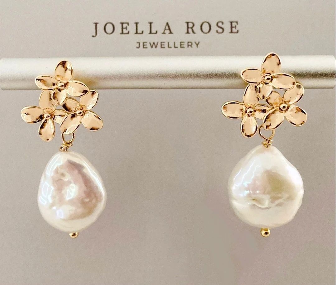 18K Gold Flower Pearl Drop Earrings, Gold Filled, Baroque Pearl Earrings, Pearl Drop Earrings, Go... | Etsy (US)