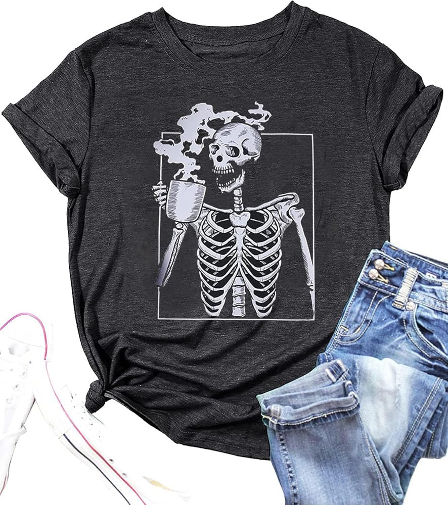 Halloween Hot Coffee Skeleton Shirt Funny Vintage Skull Graphic Shirts Casual Horror Fall Tee Top... | Amazon (US)
