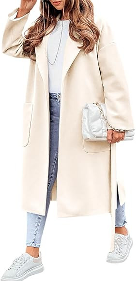 FSHAOES Womens Lapel Collar Pea Coat Open Front Overcoat Belted Long Jacket Outerwear | Amazon (US)