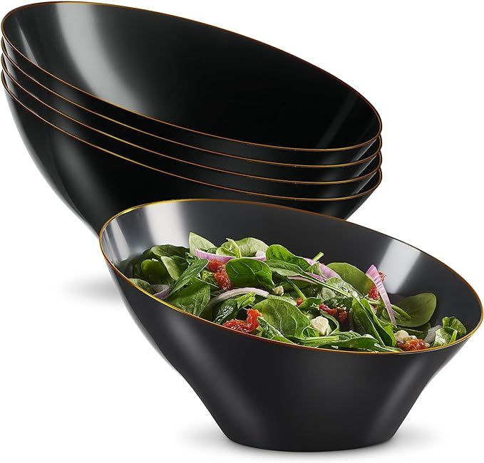 PLASTICPRO Angled Plastic Bowls Disposable Large Plastic Black Serving Bowls with Gold Rim for Pa... | Amazon (US)