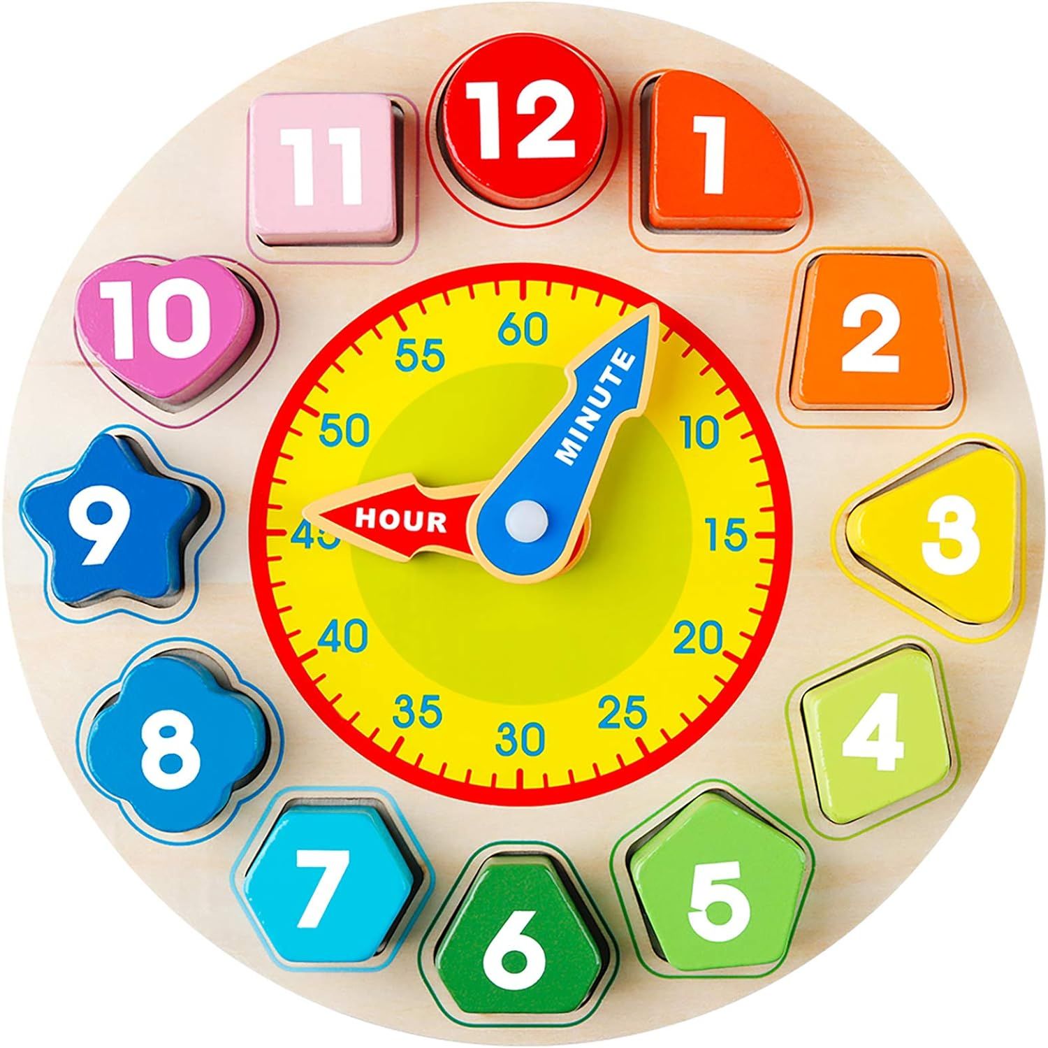 Coogam Wooden Shape Color Sorting Clock – Teaching Time Number Blocks Puzzle Stacking Sorter Ji... | Amazon (US)