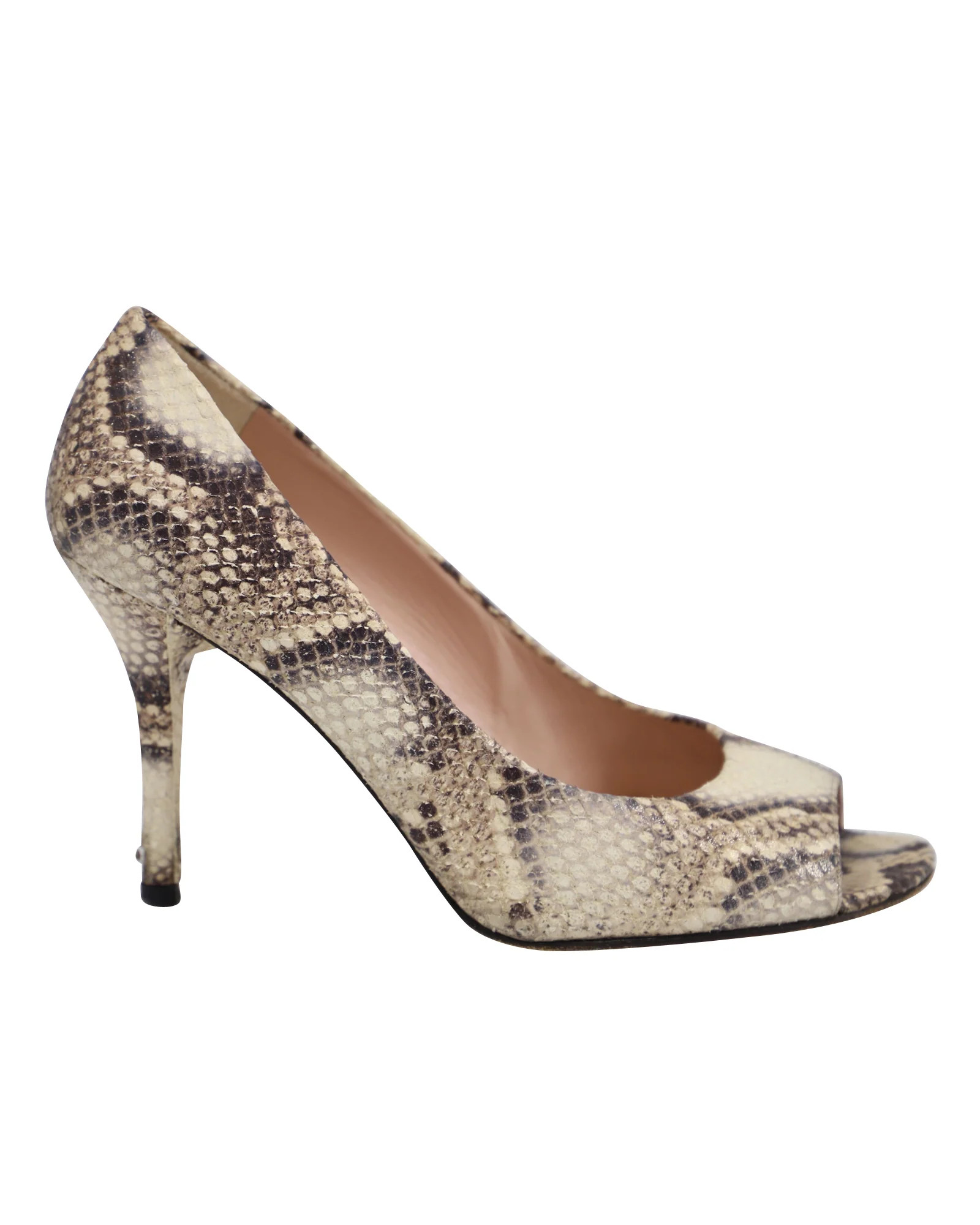 Stuart Weitzman Peep-toe Heels in Snakeskin Print Leather | Shop Simon