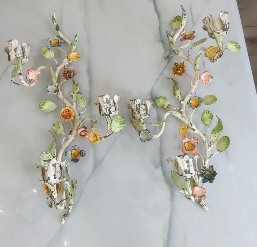 Vintage Italian? Tole Painted Florals Candle Branch WALL SCONCES | eBay US