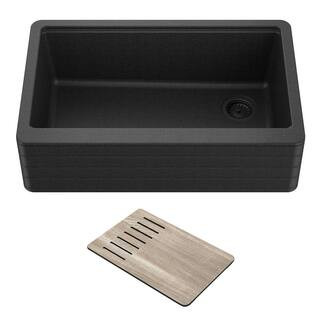 Bellucci 32.88 in. Black Granite Composite Single Bowl Farmhouse Apron Workstation Kitchen Sink w... | The Home Depot