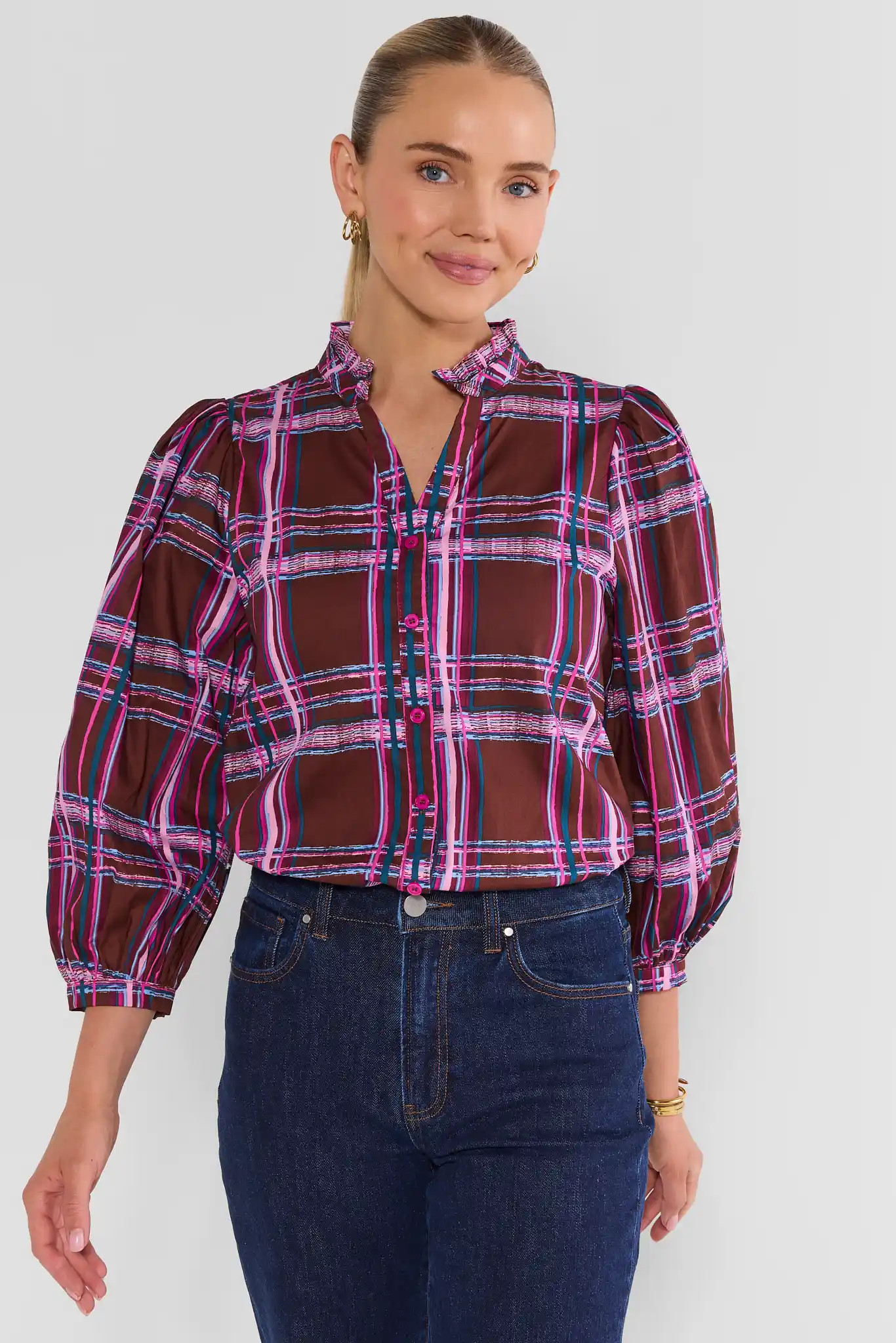 Brown Plaid Printed Button Up Top | Avara
