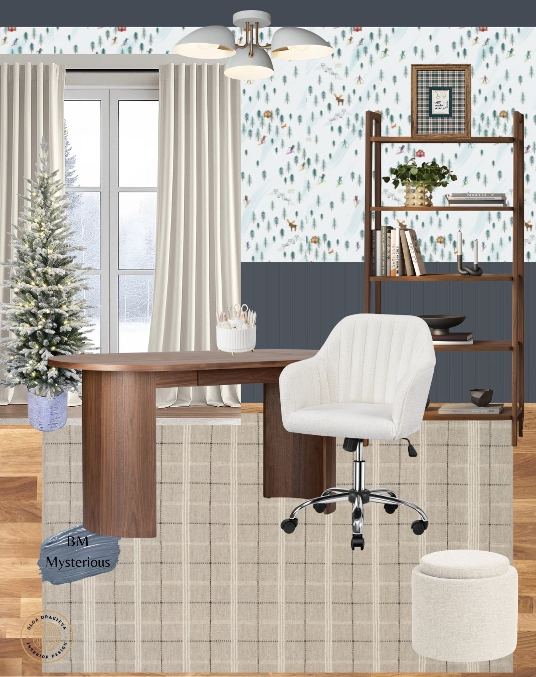 Cosy winter home office, who says that home office should be boring?! Gorgeous wallpaper, beautiful office chair, affordable desk, plaid rug, mid-century modern shelf, velvet storage ottoman, velvet curtain. #homedecor #homeoffice #workfromhome

#LTKSeasonal #LTKFamily #LTKHome #LTKHoliday