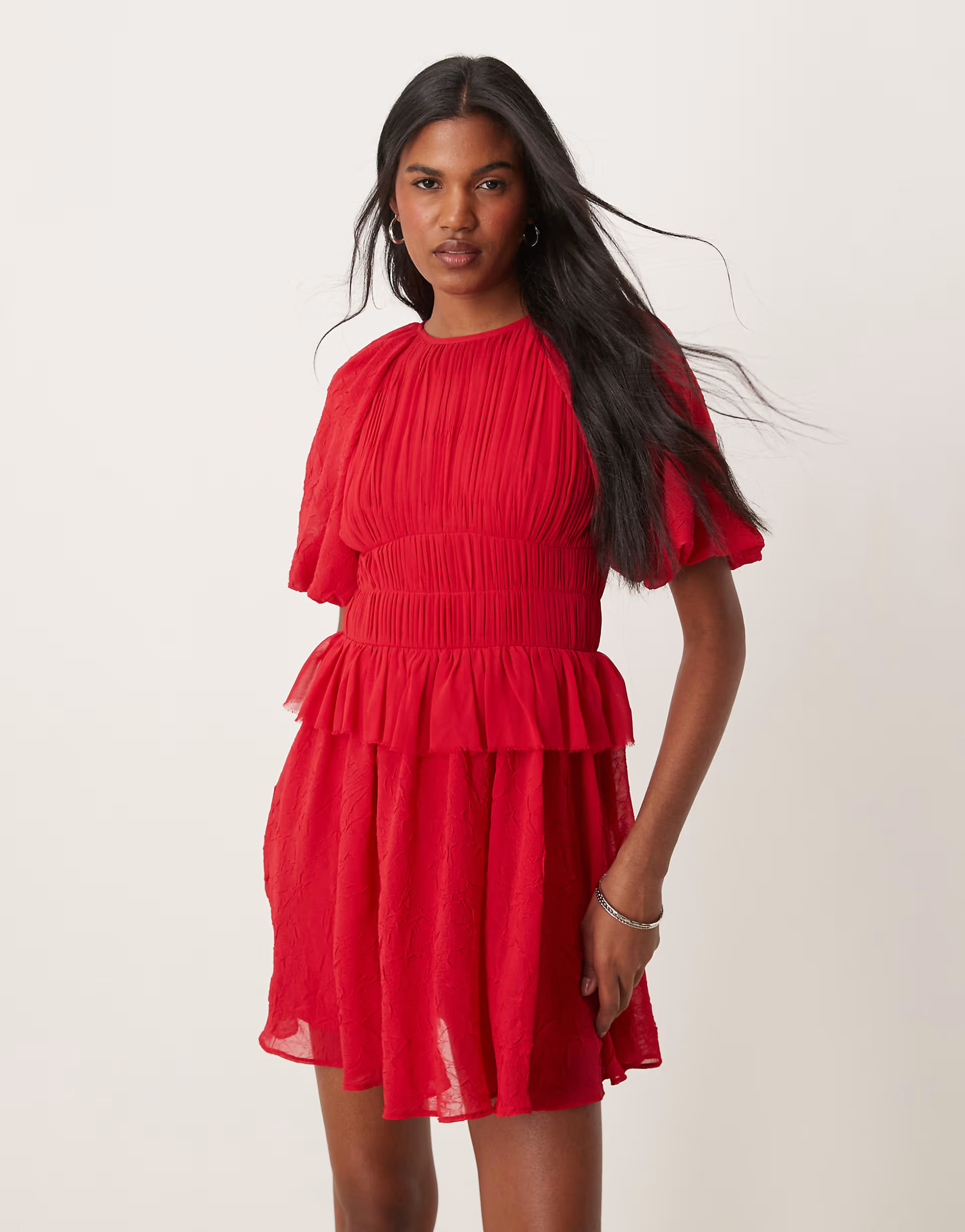 ASOS DESIGN puff sleeve mini dress with gauged waist in red | ASOS | ASOS (Global)