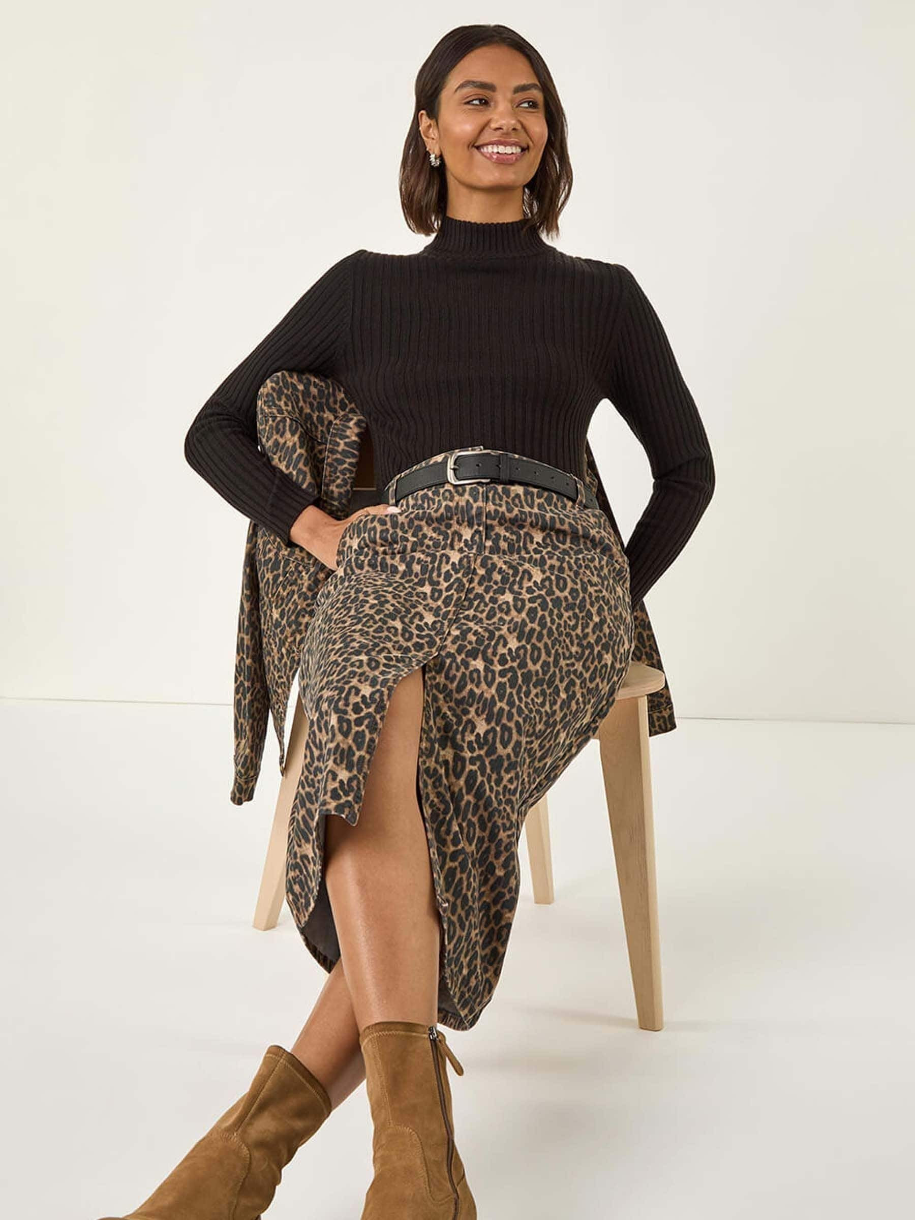 Roman Roman Brown Animal Print Stretch Midi Skirt | Next US