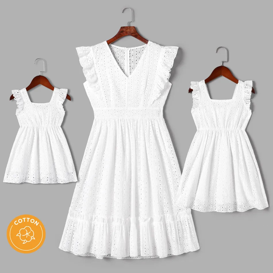 Mommy and Me 100% Cotton White Eyelet Embroidered Ruffle Trim Sleeveless Dresses | PatPat