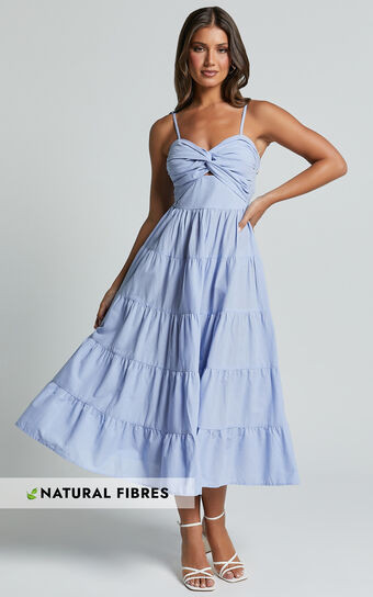 Leticia Midi Dress - Twist Front Tie Strap Tiered Dress in Pale Blue | Showpo (US, UK & Europe)