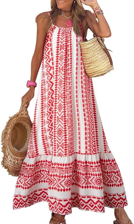 Dokotoo Women Summer Dresses 2024 Spaghetti Strap Scoop Neck Smocked Ruffle Flowy Boho Maxi Dress | Amazon (US)