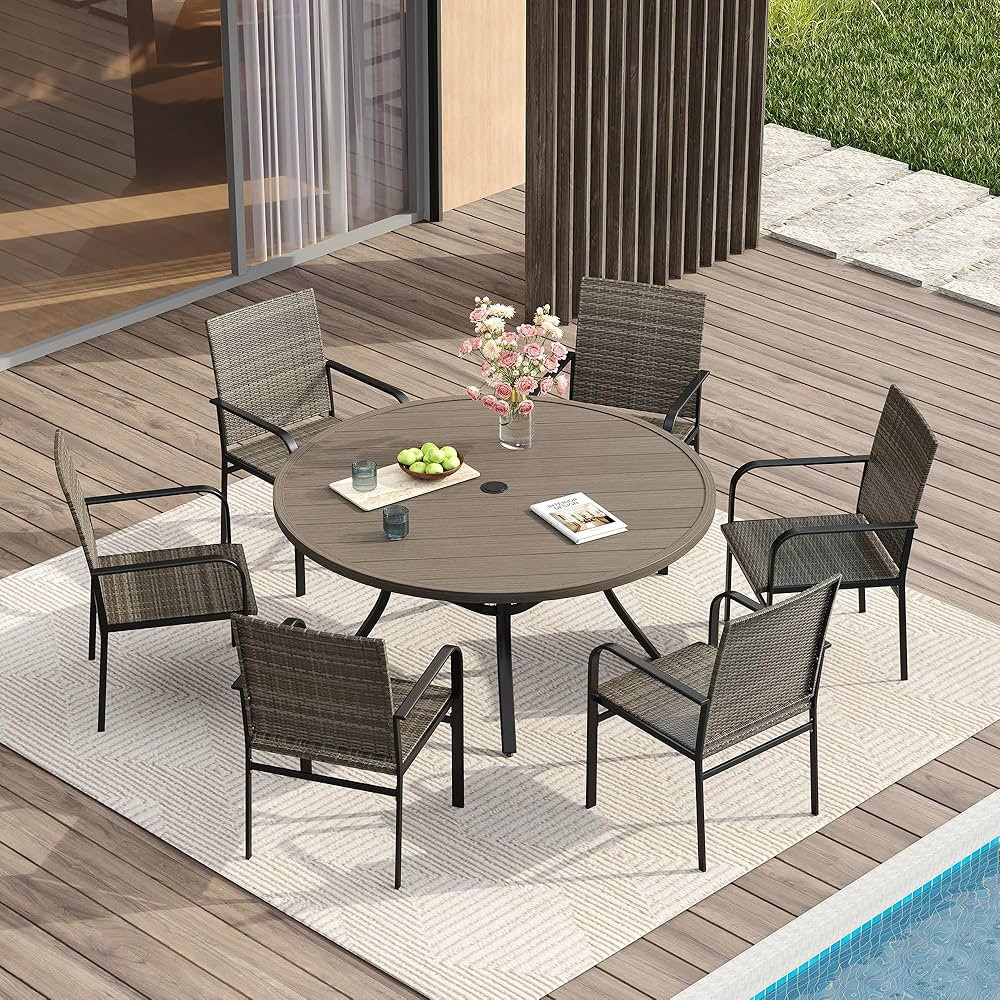 VICLLAX Outdoor Dining Set for 6, 7 Piece Patio Set Includes 47.2" Round Outdoor Table and 6 Wick... | Amazon (US)