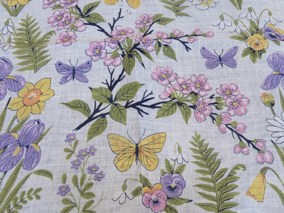 LLarge Vintage Hanky Lavender Iris Yellow Daffodils Pink Flowers On Branch and Butterflies Hand S... | Etsy (US)