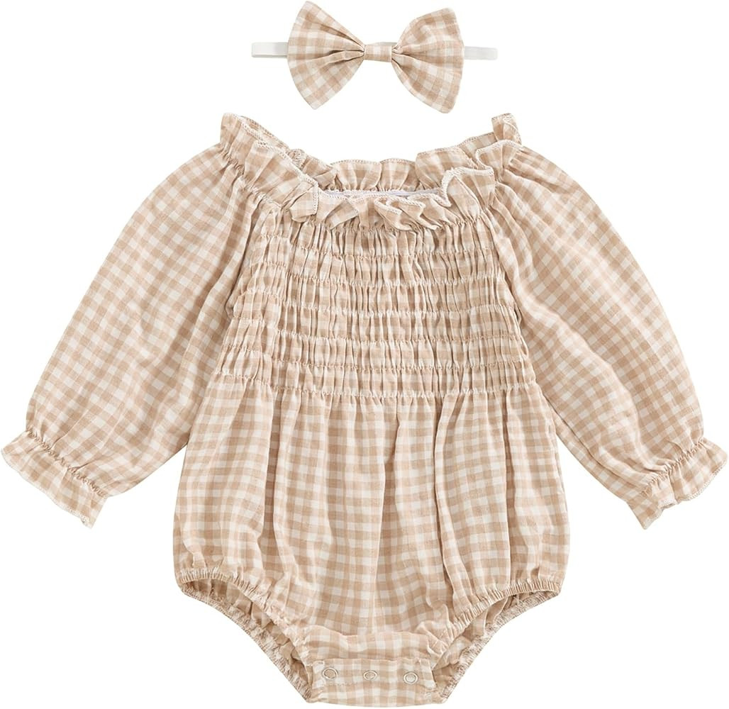 Baby Girls Ribbed Romper Outfits Ruffle Sleeve Bodysuit with Plaid Romper Dress One Piece Bubble ... | Amazon (US)