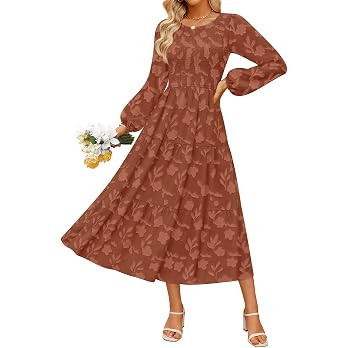 ZESICA Womens Fall Wedding Guest Long Sleeve Boho Midi Dress | Crewneck, Boho Floral, Flowy A Lin... | Amazon (US)