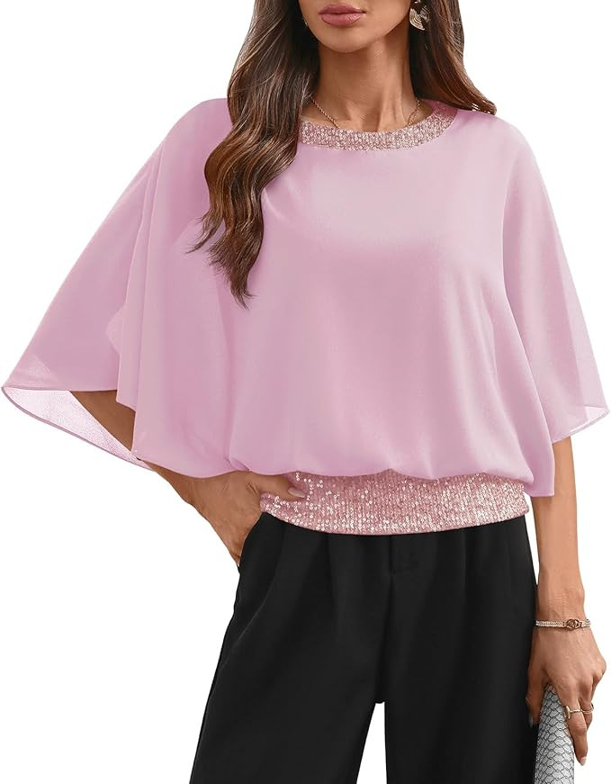 For G and PL Women's Dressy Sequin Formal Top 3/4 Dolman Sleeve Chiffon Shirt Blouses | Amazon (US)