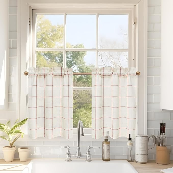DriftAway Kitchen Curtains Striped Tier Linen Short Curtains Windowpane Plaid Cafe Curtains 24 In... | Amazon (US)
